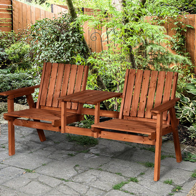 Orange Wooden Outdoor Bench With Middle Table And Umbrella Hole, Garden Bench. Provide A Relaxing Spot. Made Of Solid Wood Material. 27.5" W X 32.75" H For Patio - Hole Quality Materials Patio,