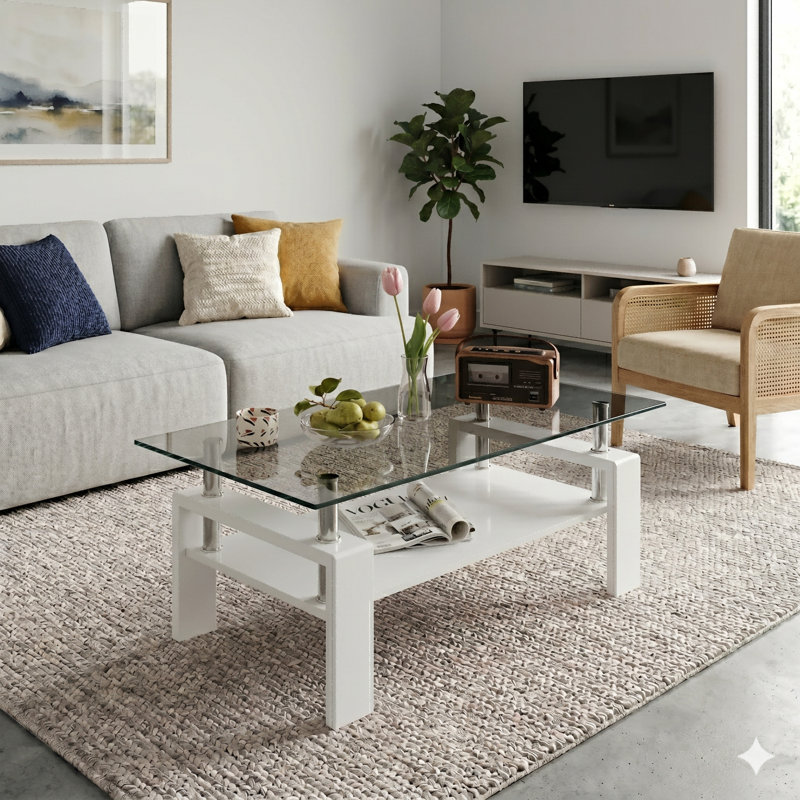Table basse rectangulaire avec plateau de rangement en verre trempé et panneau de fibres à densité moyenne Fraiya, Blanc