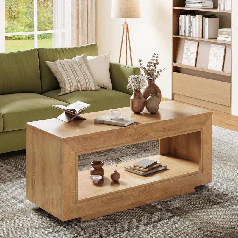 Lift Top Rectangular Wood Coffee Table with Dual-Layer Storage for Living Room, Natural Wood