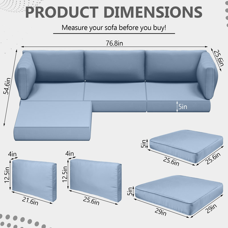 9 Piece 5 Inch Outdoor Cushions For Patio Furniture, Blue Gray
