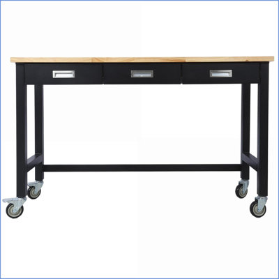 Work Benches, 60in Heavy Duty Rubber Wood Top Workbench with Drawer Storage &amp; Wheels | Black | Steel