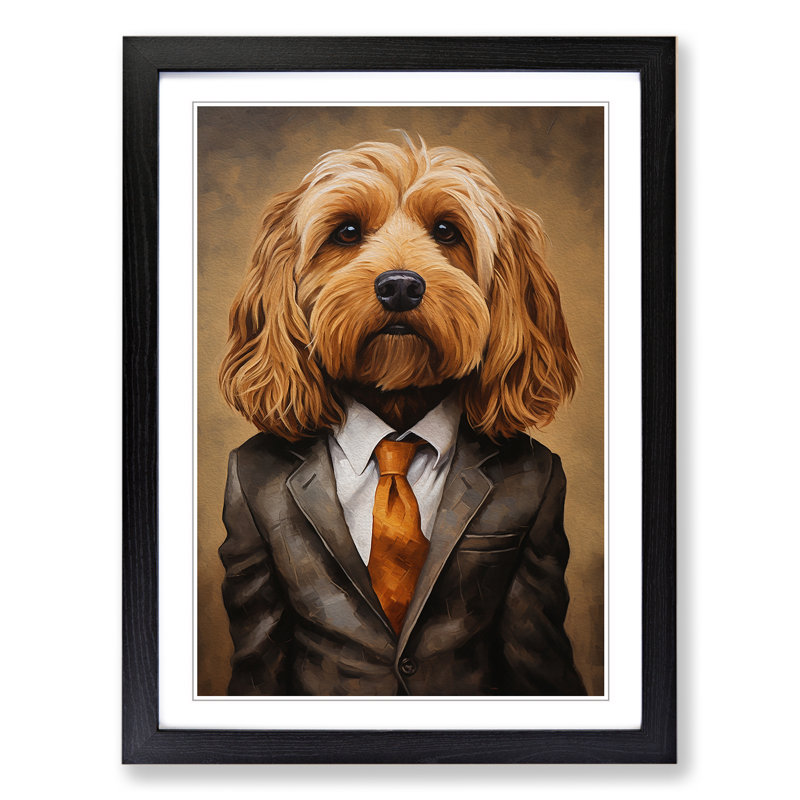 Cockapoo In A Suit Painting No.2 - Single Picture Frame Print on Wood, 64cm H x 46cm W x 2cm D, Black Framed