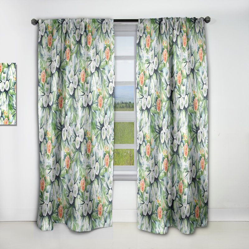 Panneau de rideau floral, motif de fleurs sans soudure, L 52 po x L 63 po, Orange/Green/White