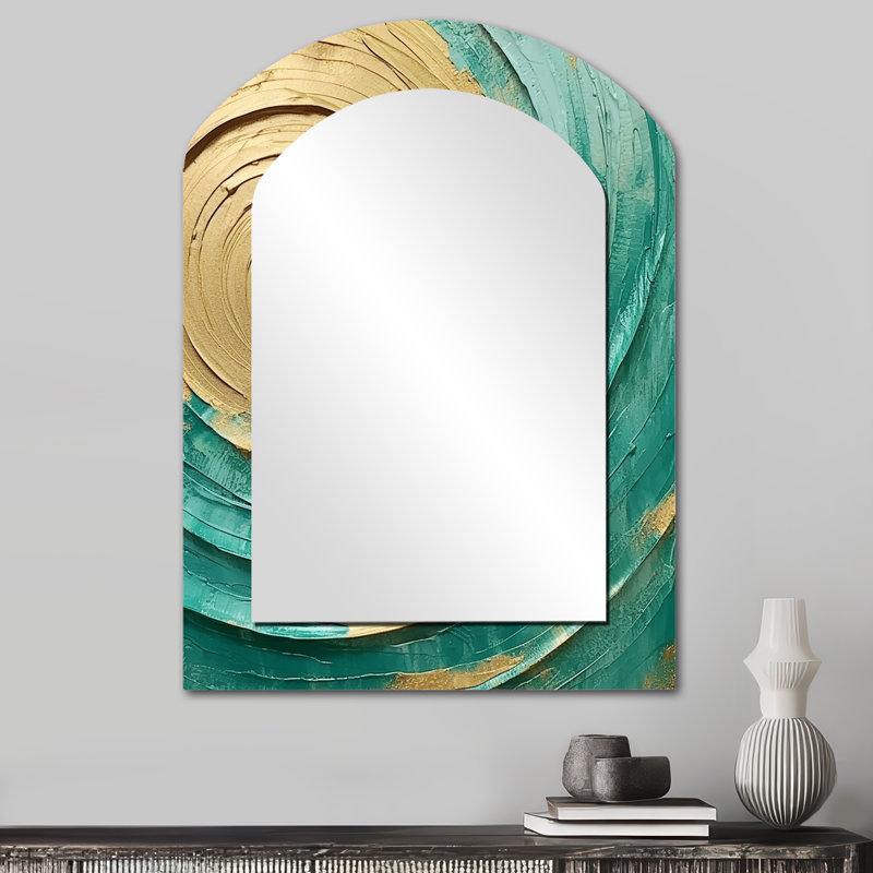 Teal Gold Surreal Spirals III - Abstract Spirals Arch Large Mirror, Modern Asymmetrical Unique Wall Mirror Decor, Printed Metal Art