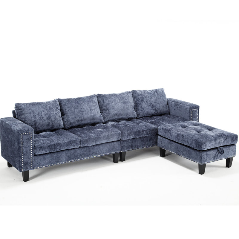 Canapé modulaire avec rangement, chenille bleue à 5 places, chenille en L en matériau, méridienne réversible pour la maison