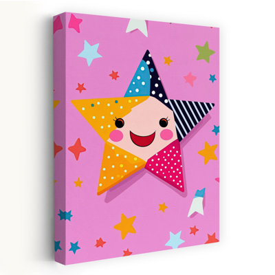 Happy Patchwork Star Colorful Playful Vibrant Landscape Nature Wall Art Print 1 Piece Wrapped Canvas Wall Art