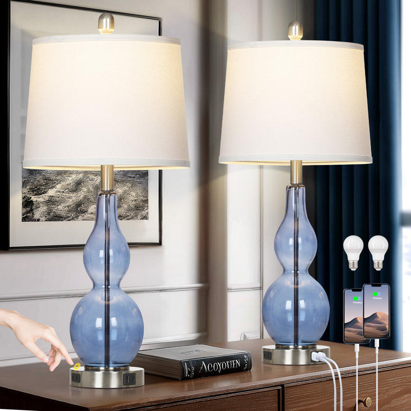 27.5" Coastal Blue Glass Table Lamp with Dimmable Touch Control & USB Ports
