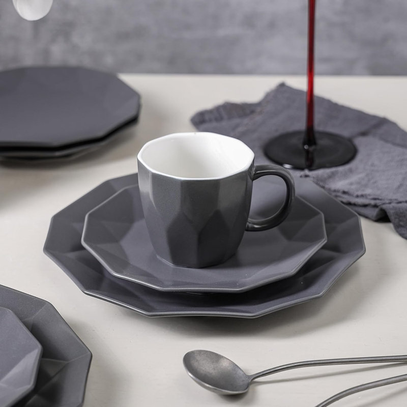 Stone Lain Jamie Informal Porcelain 16-Piece Geometric Dinnerware Set, Grey, Gray