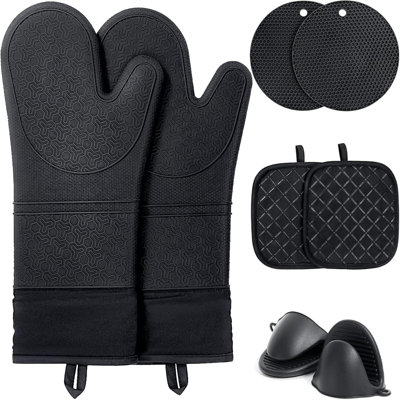 8 Pack Black Potholder & Oven Mitt Set, 480°F Heat Resistant Extra Long Silicone Cotton Kitchen Bundle