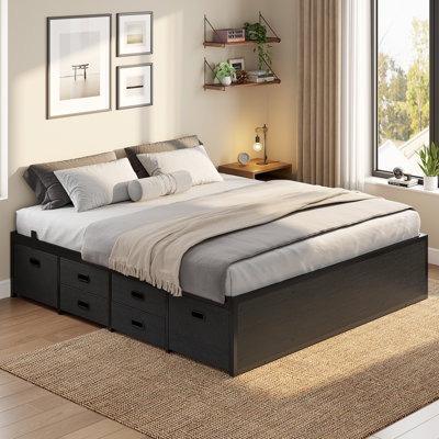 Cadre de lit simple / double / grand avec 12 tiroirs de rangement, lit plateforme en métal avec support à lattes en acier, pied de lit, aucun sommier requis, espace de rangement sous le cadre, assemblage facile, noir