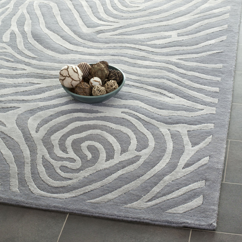 Tapis abstrait argenté en laine / coton noué à la main Xochitl, Rectangle 8 pi x 10 pi