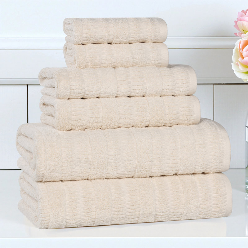 Mika Smart Twist Viscose Cotton Blend Medium Weight Solid Textured Ribbed 6 Piece Towel Set, Ivory