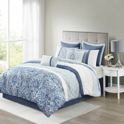 8 King Comforter , Blue Print With Embroidery Detail, , 1 Pillow, 2 Decorative Pillows, Washable 8 Piece For Bed, Quilting, Steam Iron