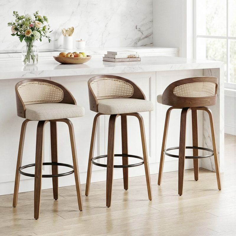 Swivel Upholstered Counter Stool with Solid Wood Frame, Bar Stool (76.2cm Seat Height), Beige Linen