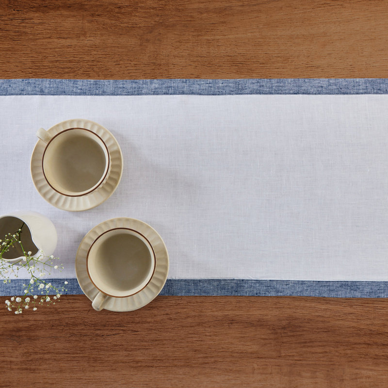 Classic - 100% Pure Linen Table Runner, 90" x 14", Chambray Indigo/White, Narrow Border