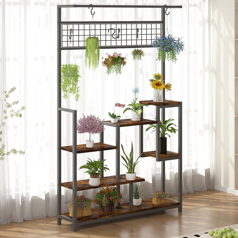 Tablette pour plante avec plante de croissance, grand support pour plante d'intérieur, grande tablette en métal à 7 niveaux avec crochets de suspension