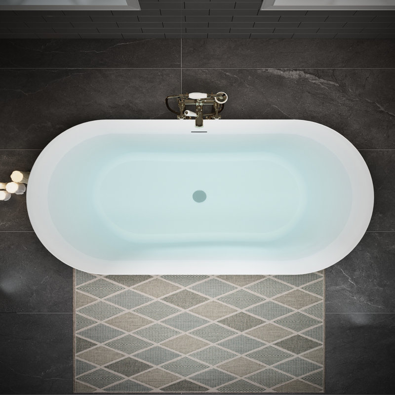Baignoire en acrylique blanc brillant de 63 po, autoportante pour spa de salle de bain, avec système de colmatage et forme de berceau avec drainage double isolation