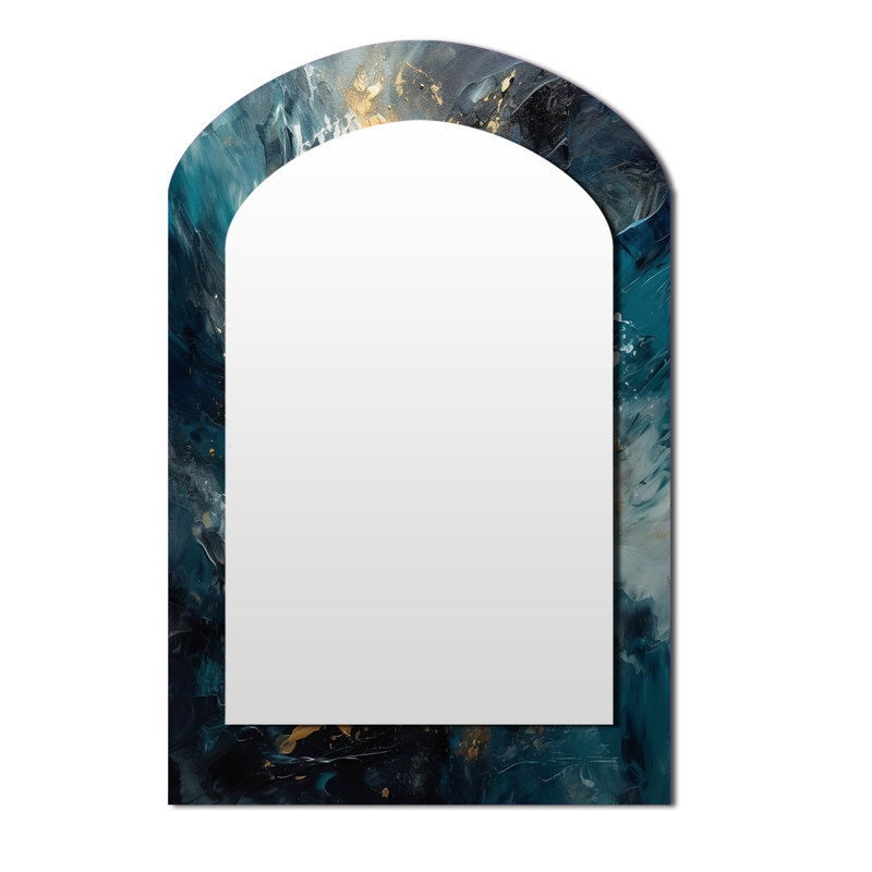 Blue Gold Transcendent Liquid Ink II - Marble Asymmetrical Large Mirror, Modern Arch Decorative Wall Mirror, Printed Metal Art