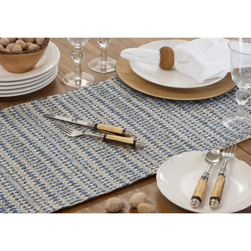 Blue Cotton Blend Textured Table Runner with Woven Design