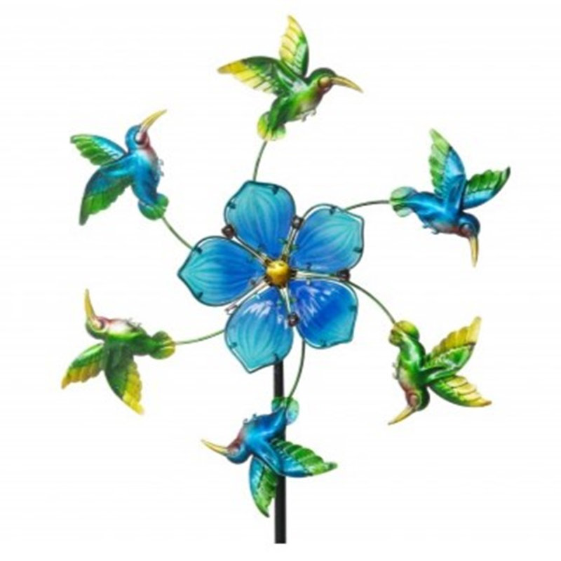 Blue Glass and Metal Flower Hummingbird Kinetic Garden Stake