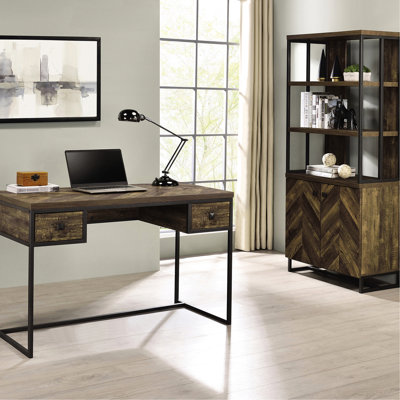 Bibliothèque à 2 portes de style industriel avec structure en chêne foncé et bronze à 3 tablettes