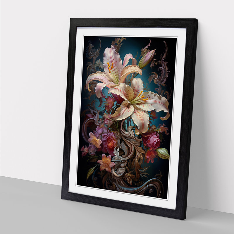 Lily Flower Baroque No.2 - Single Picture Frame Print on Wood, Black Framed, 46cm H x 34cm W x 2cm D