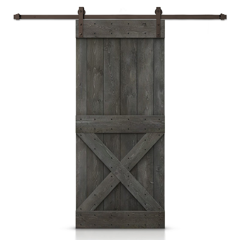 Porte de grange à panneaux et en bois avec quincaillerie d'installation, 38 po x 84 po, Gris carbone, Noir mat