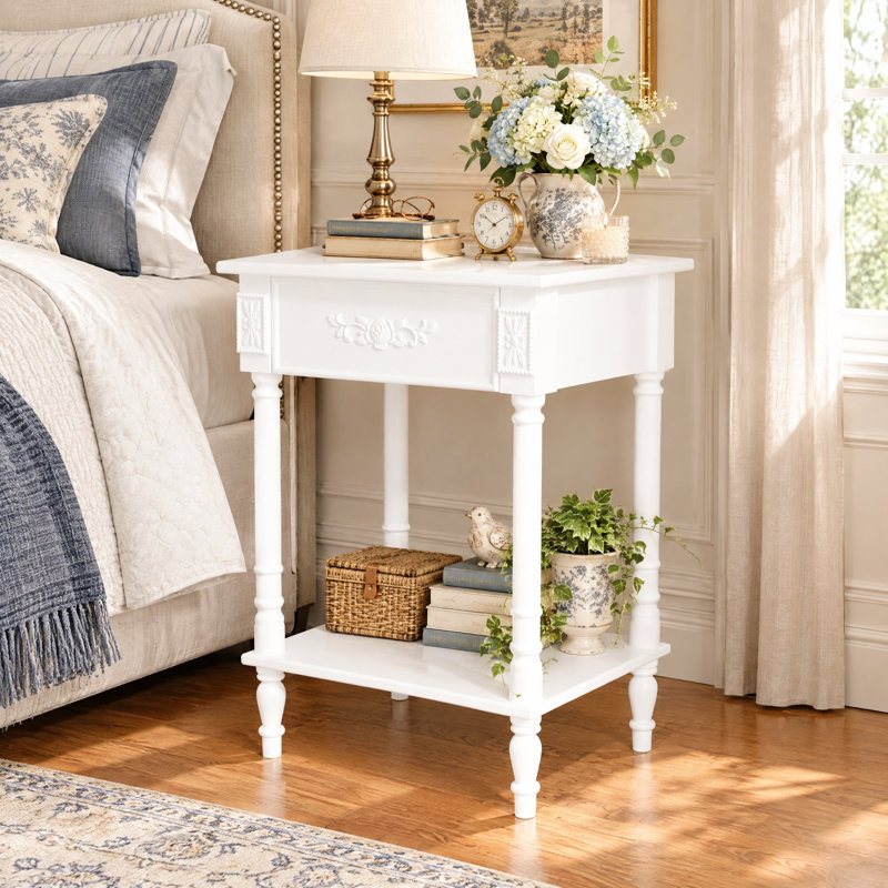 27" H Nightstand with 1 Drawer, Open Shelf and Raised Legs, White