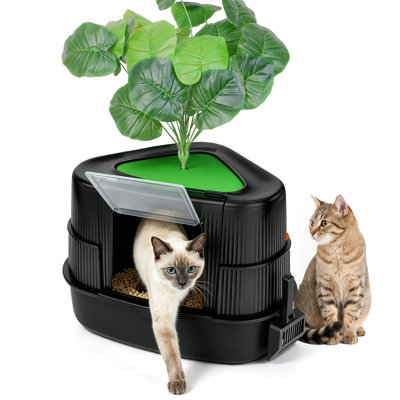 Armoire à litière cachée en acier inoxydable pour chat avec dessus de plante artificielle, mobilier triangulaire peu encombrant pour salon, chambre à coucher et petits espaces