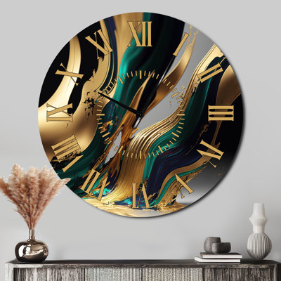 Green And Gold Agate II - Modern Golden Face Wall Clock