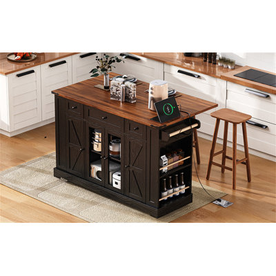 53'' Farmhouse Kitchen Island With Two Tempered Glass Cabinet Doors