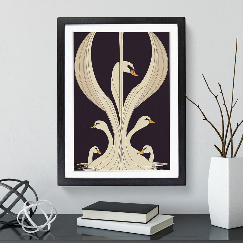 XV1022-798X Art Nouveau Swan - Single Picture Frame Print, Black, 46cm H x 34cm W
