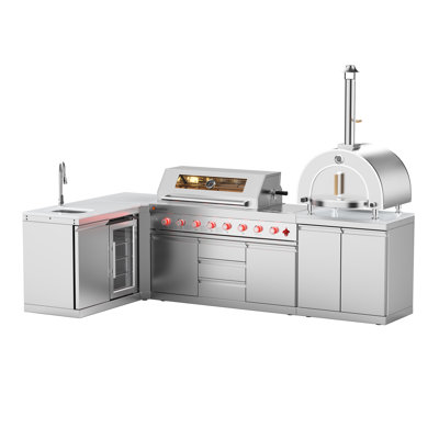 VESTIVIUM L-Shaped 5-Piece Modular Outdoor Kitchen Island – 6-Burner Gas Grill, Infrared Pizza Oven With Slide-Out Cooking Surface, Sink & Refrigerator Combo, Storage, White Quartz Countertop, Stainless Steel(NG)