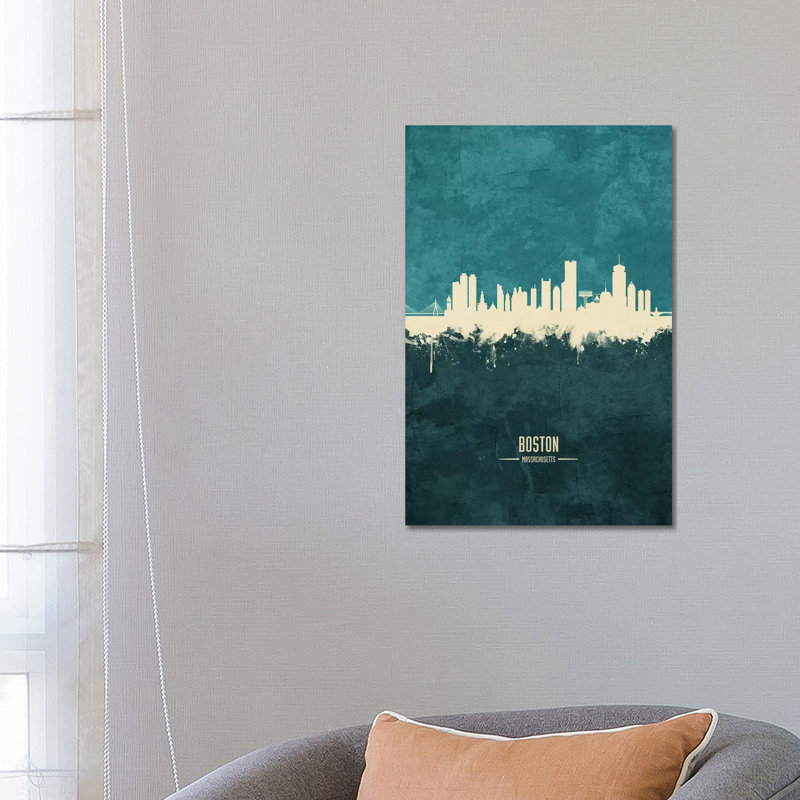 «Boston Massachusetts Skyline» par Michael Tompsett - peinture sur toile tendue, H 26 po x l 18 po x 1,5 po