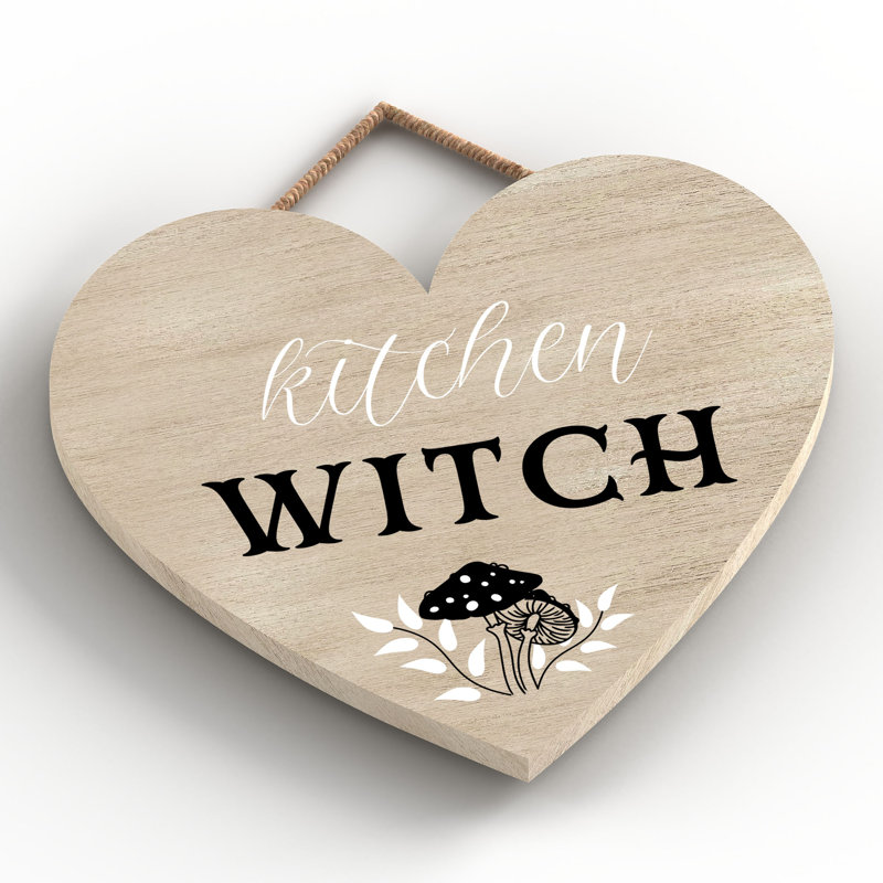 Kitchen Witch Mushrooms Wooden Heart Plaque, Brown, 16cm H x 17cm W x 0.9cm D