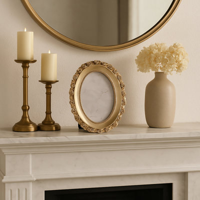 Mavin Chic Oval Photo Frame With Rosette Border - Decorative Picture Frame For Entryway And Living Room Display - Perfect For Wall Decor Accent - Gold