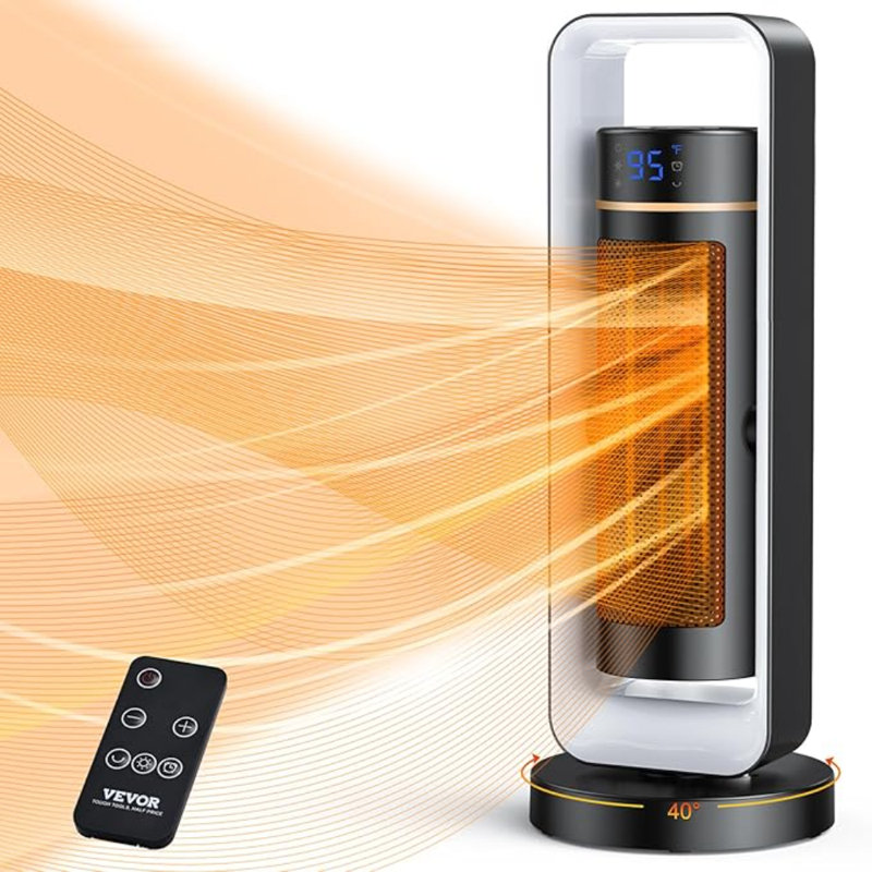 20-inch Black and Silver Ceramic Electric Heater with Thermostat