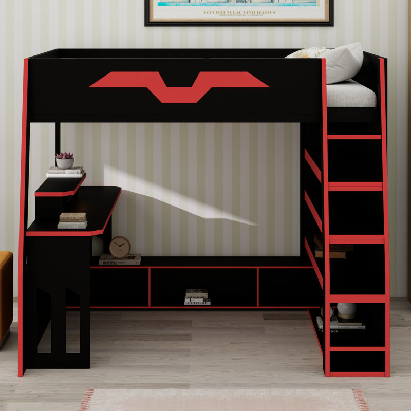 Space-Saving Loft Bed Featuring Desk, Multiple Shelves, Red