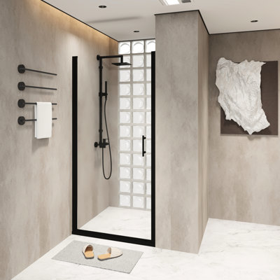 28"X72" Tempered Glass Pivot Shower Door In Matte Black Aluminum Frame, Stainless Steel Handle, Smooth - Operating Swing Design, Water Separation Bathroom 28X72 Inch With Function, Half 1/4" Glass,