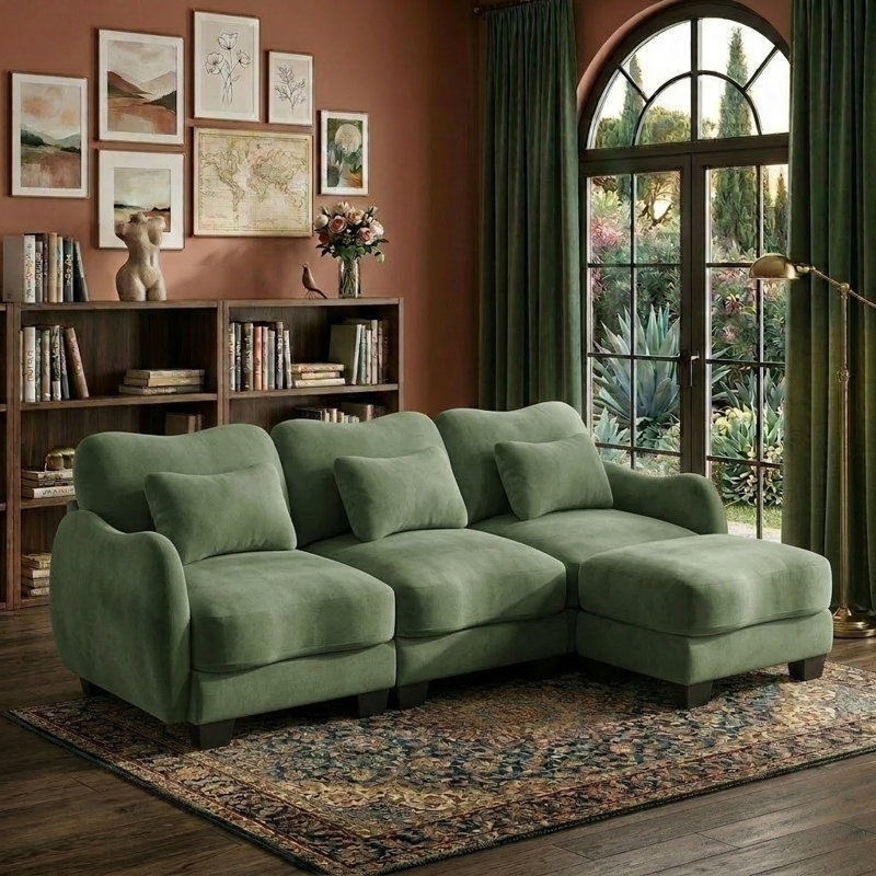 Canapé modulaire en L avec repose-pieds, causeuse inclinable en chenille moderne, canapé amovible, coussins à ressorts ensachés, structure en bois massif, facile à installer