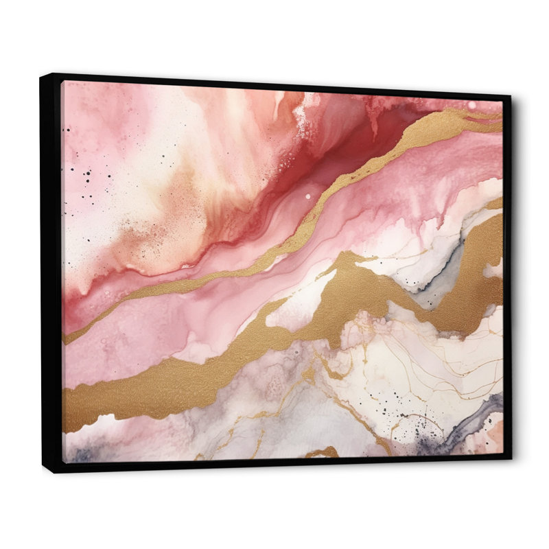 «Rose and Gold Enchanted Spills I», art mural abstrait pour le salon, 16" H x 32" W, Cadre flottant noir