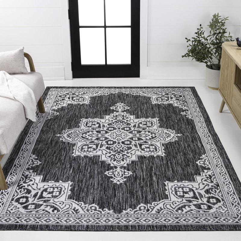 Graysin Vintage Casual Medallion Dark Gray/Cream Indoor/Outdoor Rug, Rectangle 3' x 5'
