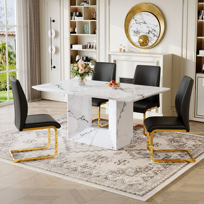 63" Modern Rectangular Dining Table Set, Dining Room Table With Faux Leather Chairs