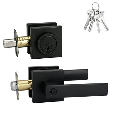 Ensemble de serrure de porte avant, ensemble de serrure de porte extérieure, poignée de porte avec serrure à pêne dormant à cylindre simple, serrures de porte à clé identique pour porte d'entrée (noir mat, ensemble de 1)