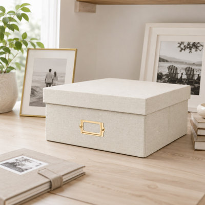 Linen Photo Storage Box with Dividers and Lid