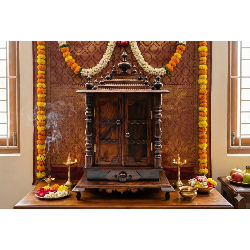 Armoire d'autel de temple 25 "en bois fabriquée à la main Puja Mandir avec portes et tiroir de rangement pour la maison