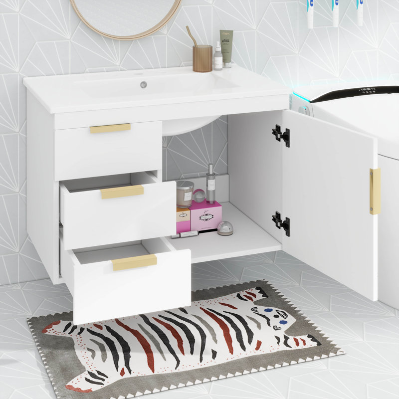 Ensemble d'armoire de salle de bain murale 30 po avec lavabo en céramique, portes et tiroir à fermeture en douceur, Blanc