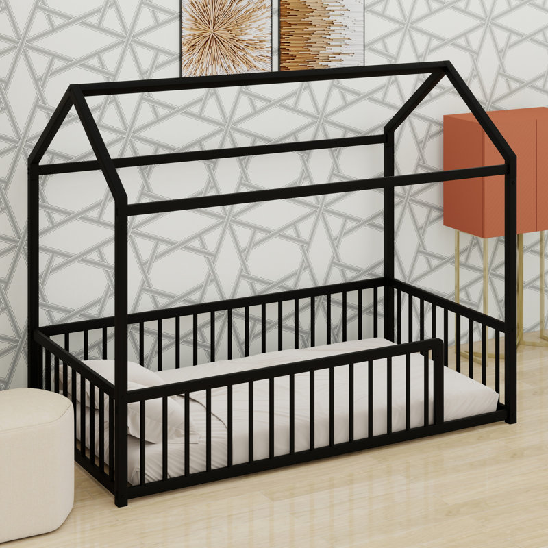 Lit sur pied Montessori avec conception de maison et clôture de protection, Lit simple, Noir