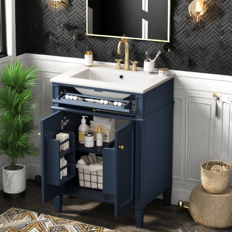 en bleu (avec meuble-lavabo et lavabo) avec rangement