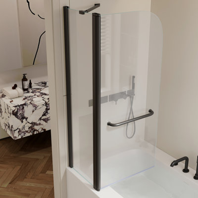 43 In. W * 58 In. H Rise And Down Rotation Shaft Door One Fixed And One Rotation Shaft Shower Doors For Bathtub, 1/4" (6Mm) Thick SGCC Tempered Glass Door, Aluminium Alloy Matte Black Finish
